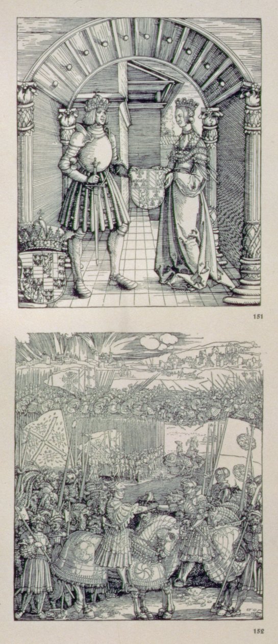Triumfbågen för kejsar Maximilian I av Tyskland (1459-1519): detalj som visar två paneler placerade ovanför den vänstra portalen som föreställer (överst) Maximilian I och hans första fru Maria av Bourgogne (1457-82) av Albrecht Dürer
