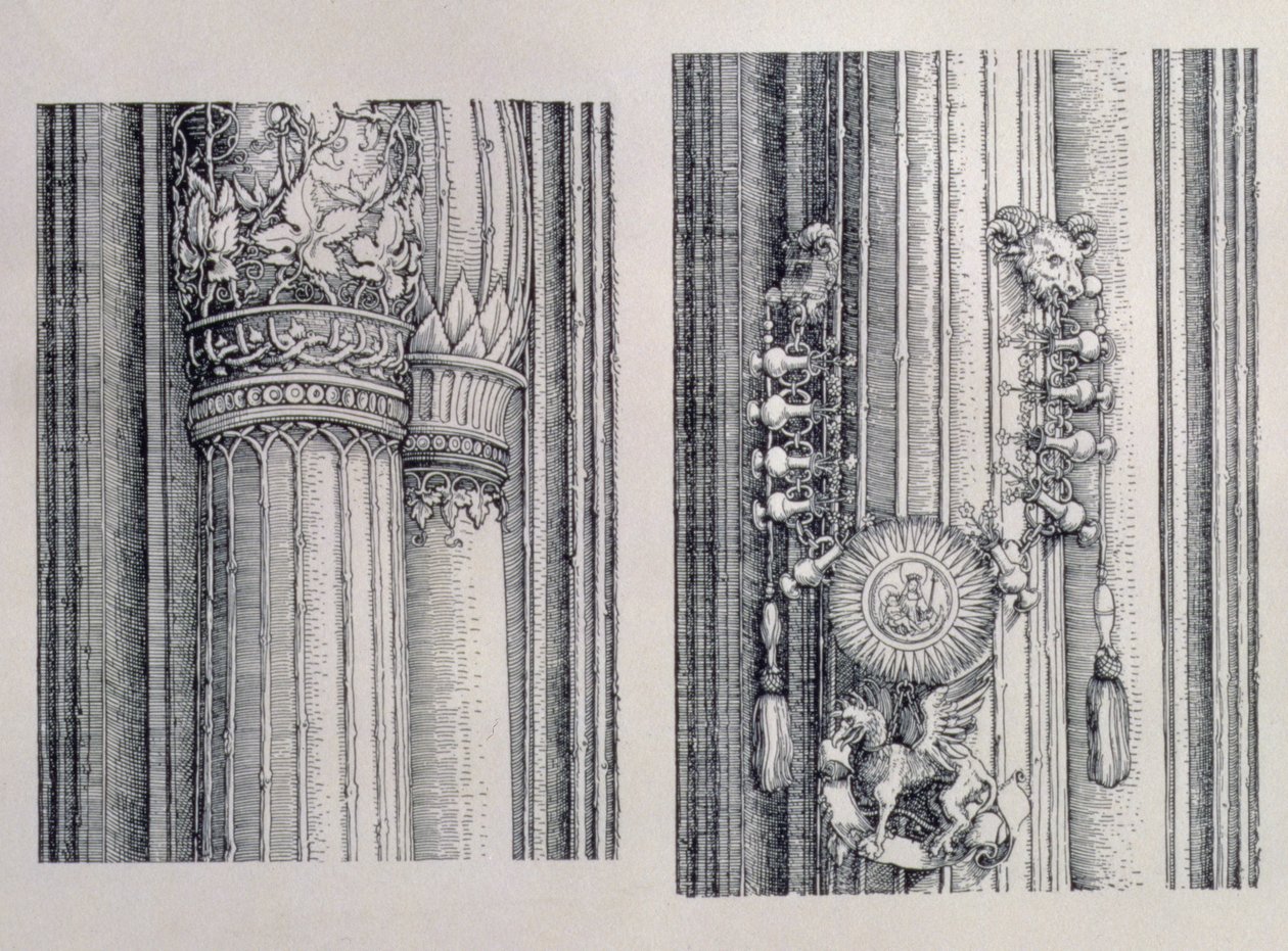 Triumfbågen av kejsar Maximilian I av Tyskland (1459-1519): två detaljer om de centrala portarna för heder och makt som visar vänster kolumn och utsmyckningar med huvuden, daterad 1515, pub. 151718 (wo av Albrecht Dürer