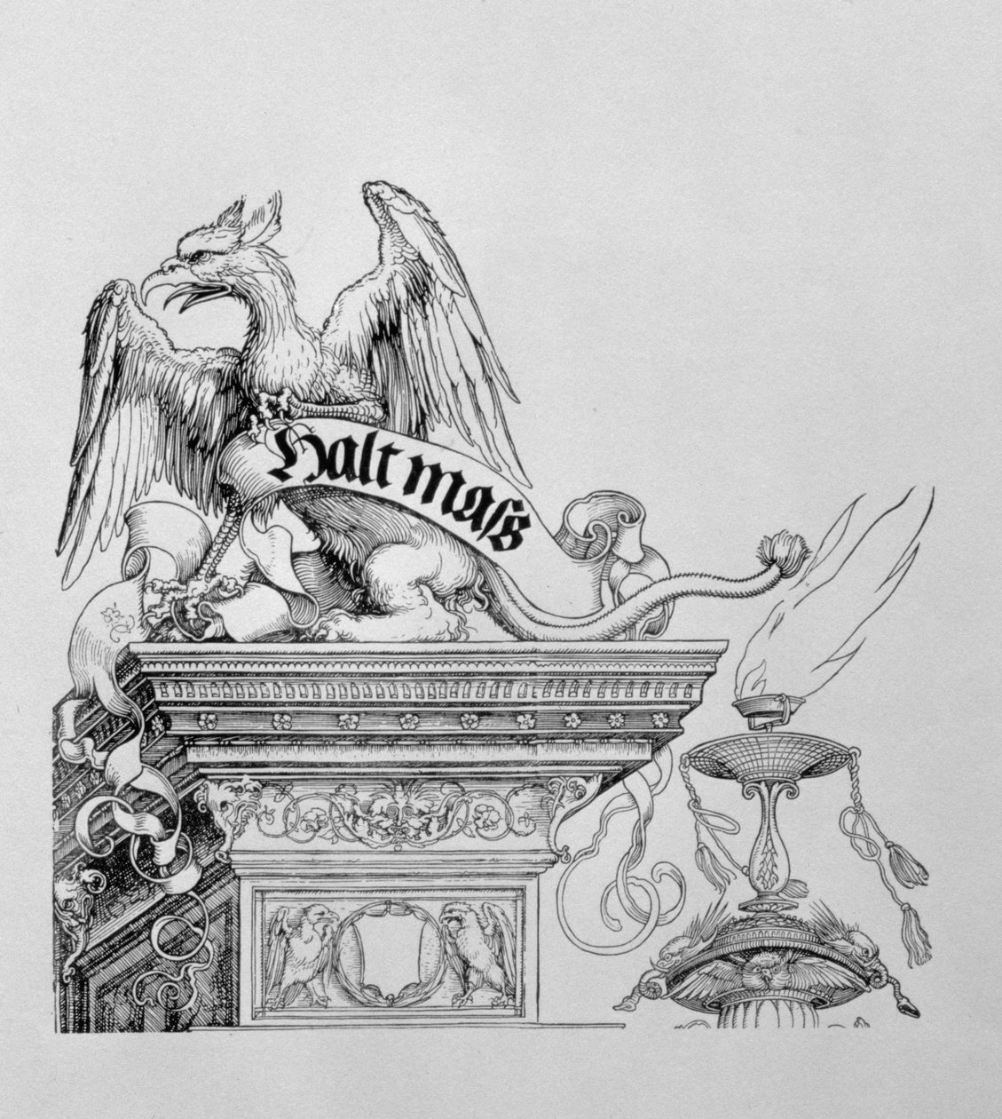 Triumfbågen av kejsar Maximilian I av Tyskland 1459-1519: detalj av en bevingad griffin som håller en rulle, pub. 151718 träsnitt av Albrecht Dürer