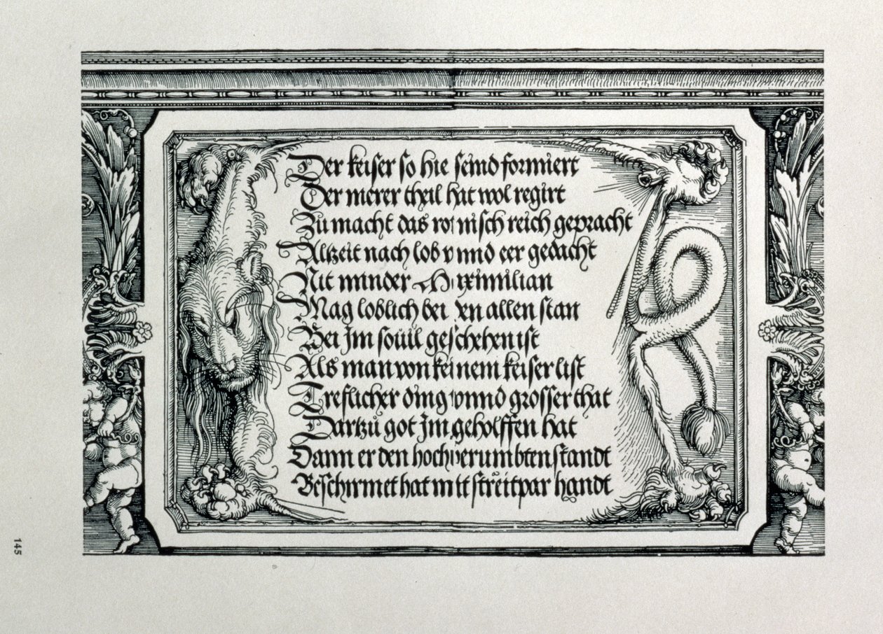 Kejsar Maximilian I:s triumfbåge av Tyskland 1459-1519: detalj av dekorativt schema som visar ett lejonskinn med en inskription som hyllar kejsarnas familjekopplingar, pub. 151718 träsnitt av Albrecht Dürer