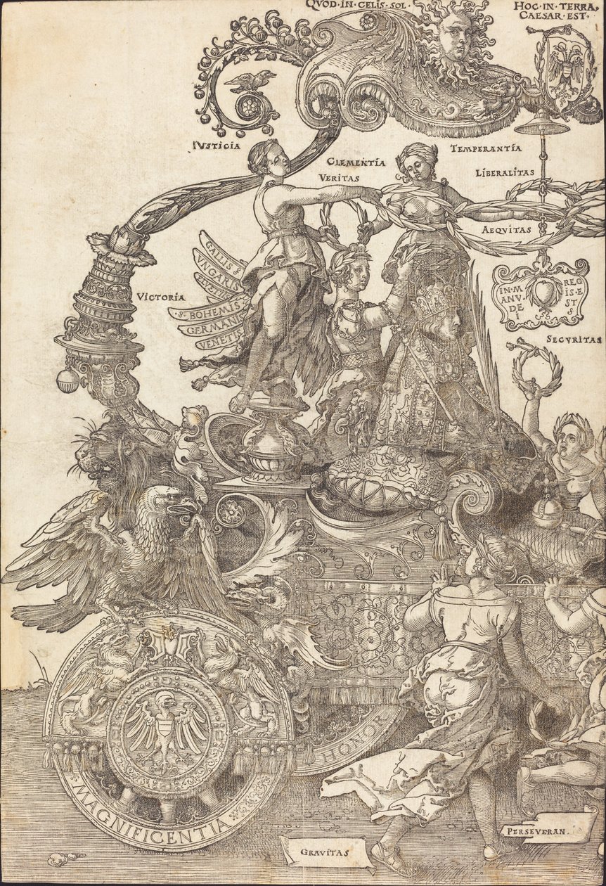 The Triumphal Chariot of Maximilian I The Great Triumphal Car [skylt 1 av 8], 1523 latinsk upplaga. av Albrecht Dürer