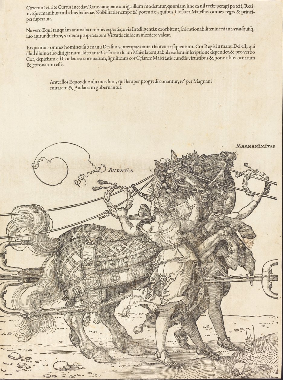 The Triumphal Chariot of Maximilian I The Great Triumphal Car [skylt 7 av 8], 1523 latinsk upplaga. av Albrecht Dürer