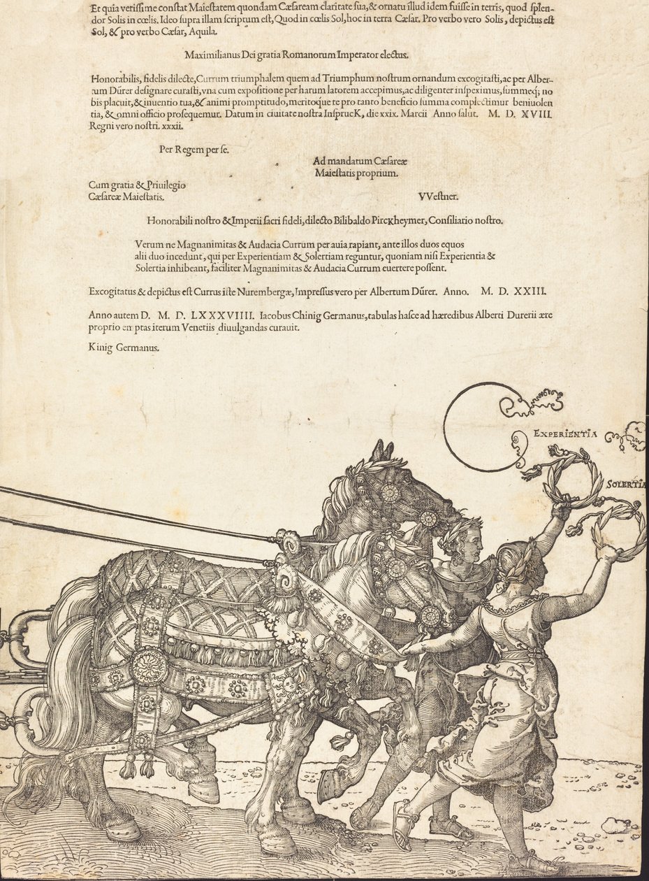 The Triumphal Chariot of Maximilian I The Great Triumphal Car [skylt 8 av 8], 1523 latinsk upplaga.. av Albrecht Dürer