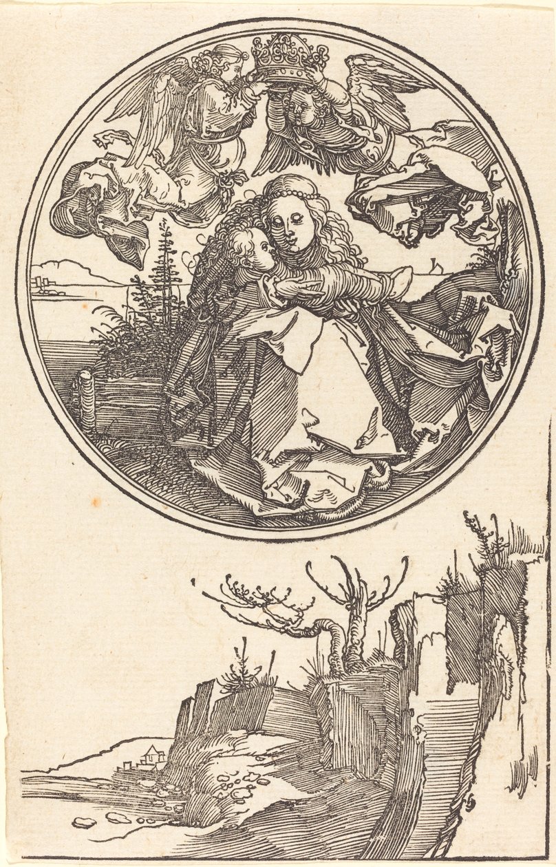 Jungfrun krönt av två änglar ovanför ett landskap, i eller före 1515. av Albrecht Dürer