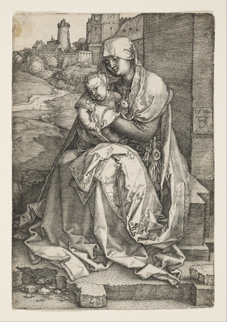 Jungfrun sitter vid en mur av Albrecht Dürer