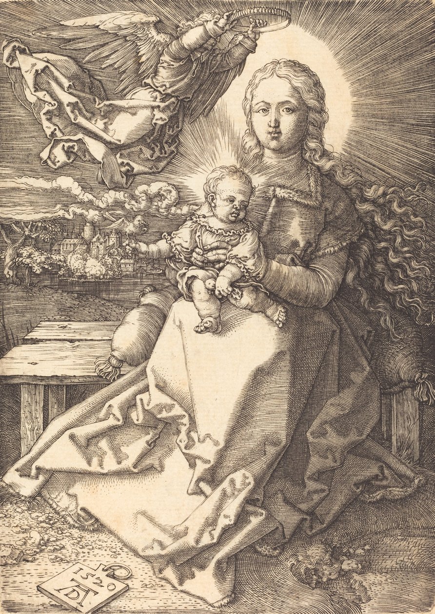 Jungfrun och barnet krönt av en ängel, 1520. av Albrecht Dürer