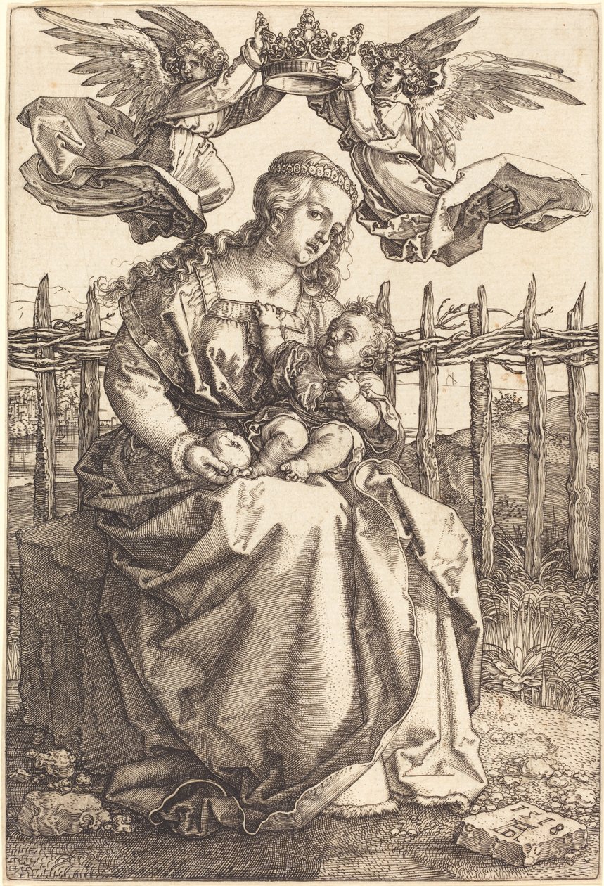 Jungfrun och barnet krönt av två änglar av Albrecht Dürer