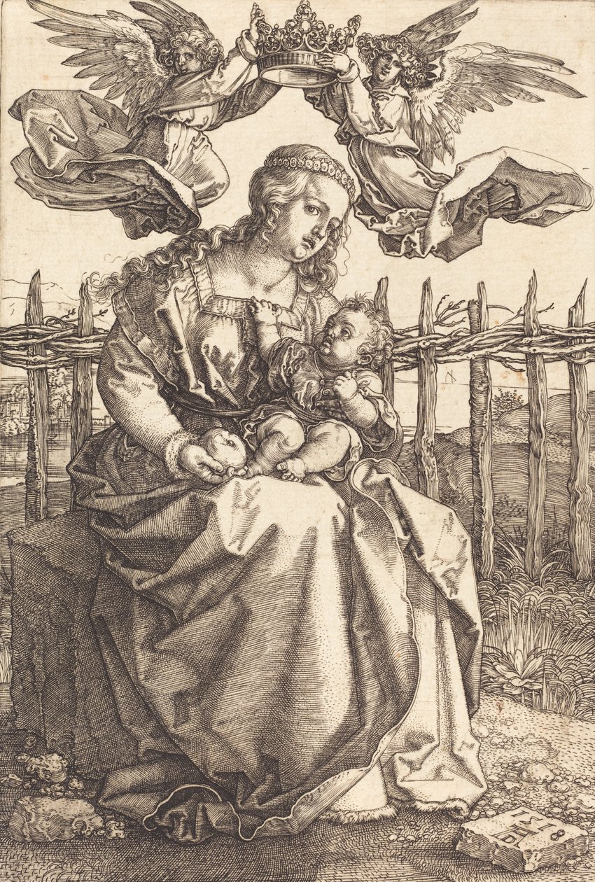 Jungfrun och barnet krönt av två änglar, 1518. av Albrecht Dürer