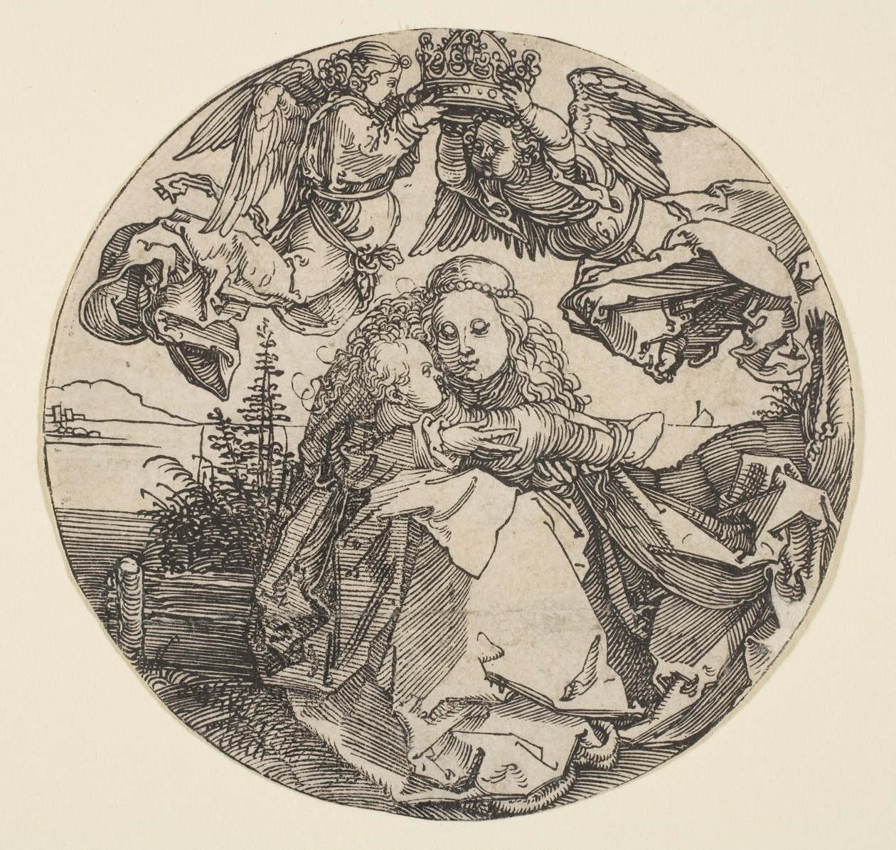 Jungfrun och barnet krönt av två änglar ovanför ett landskapslandskap utskuret, ca. 1504. av Albrecht Dürer