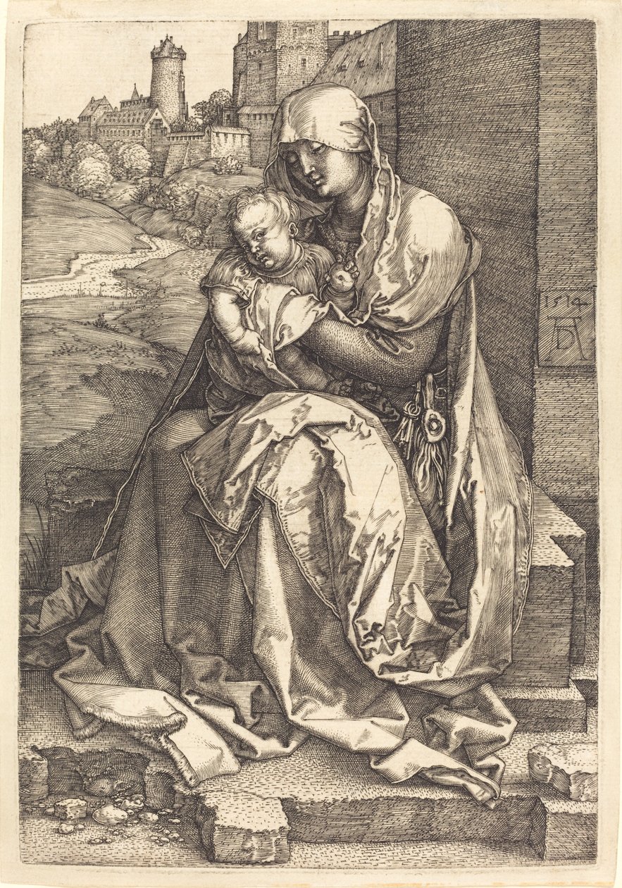 Jungfrun och barnet sitter vid muren av Albrecht Dürer
