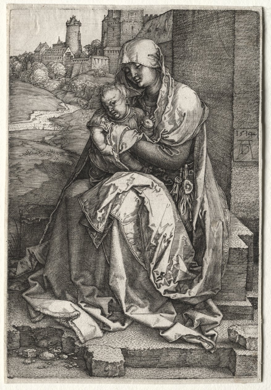 Jungfrun och barnet sitter vid muren av Albrecht Dürer