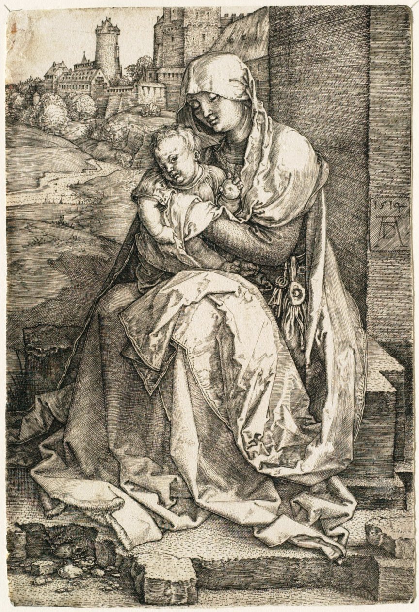 Jungfrun och barnet sittande vid muren av Albrecht Dürer