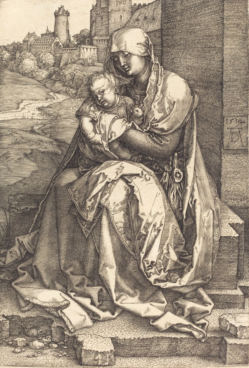 Jungfrun och barnet sitter vid muren, 1514. av Albrecht Dürer