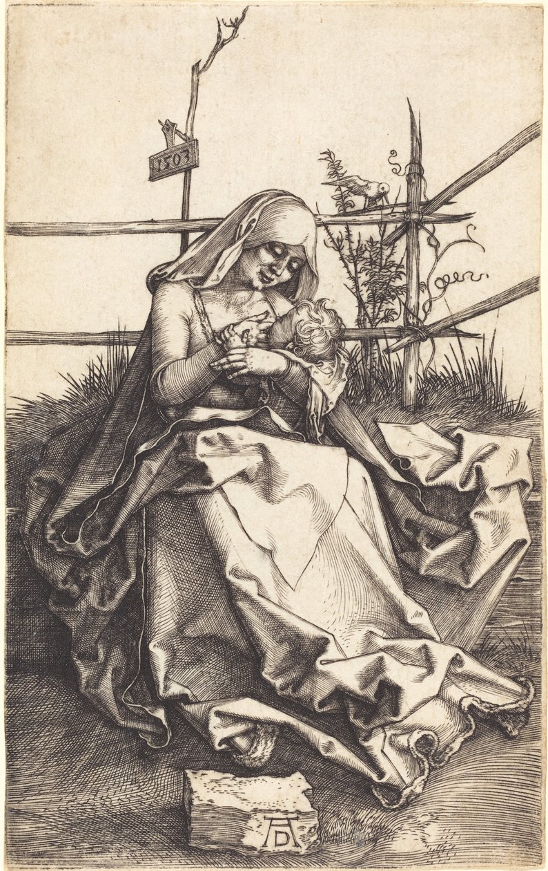 Jungfrun och barnet på en gräsbevuxen bänk av Albrecht Dürer