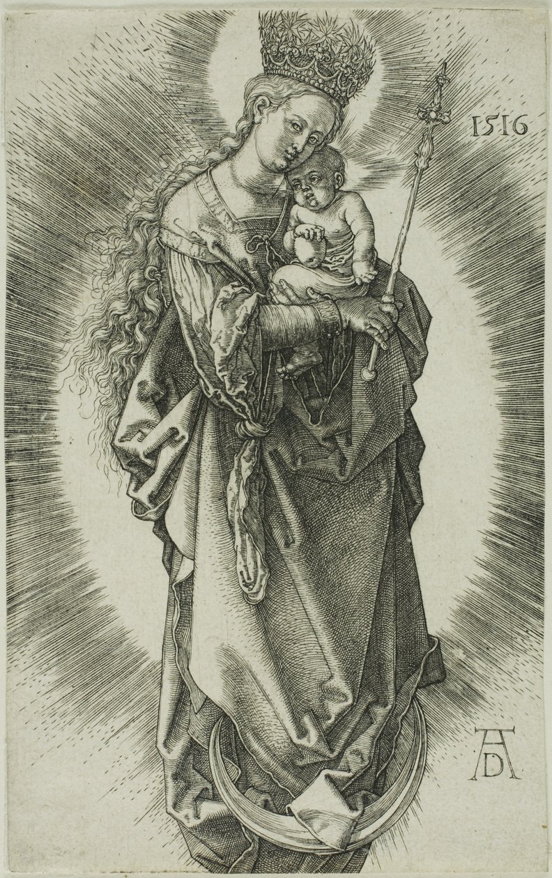 Jungfrun på en halvmåne med en krona av stjärnor och en spira av Albrecht Dürer