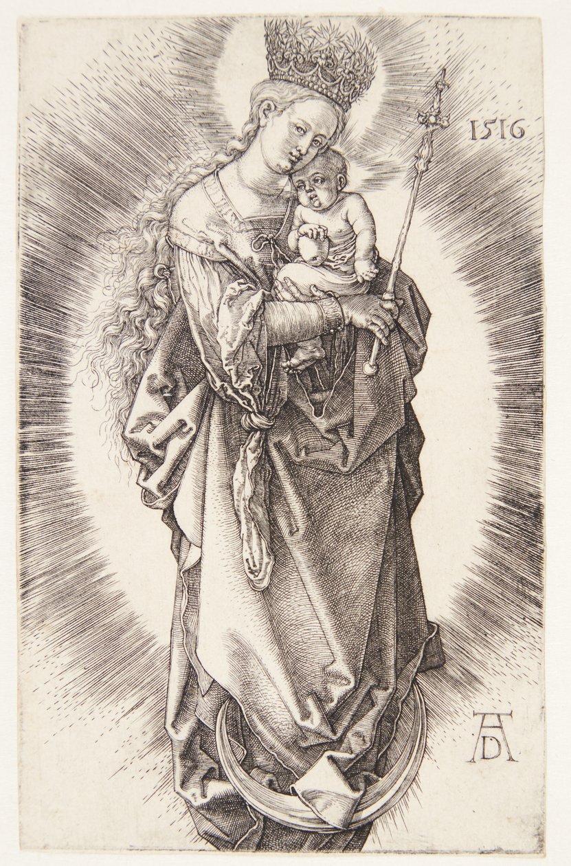 Jungfrun på en halvmåne med en krona av stjärnor och en spira av Albrecht Dürer