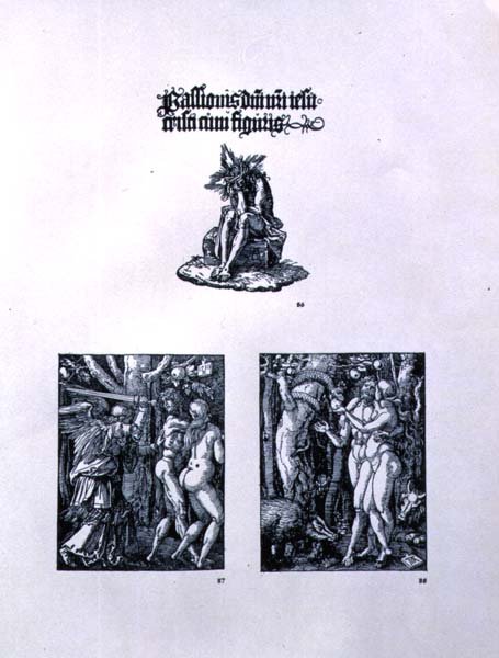 Tre sidor ur Small Passion-serien: (översta) titelsidan med Kristus som sorgens man och en latinsk inskription; (vänster) Utvisningen från paradiset; (höger) Adam och Eva, pub. 1511 av Albrecht Dürer