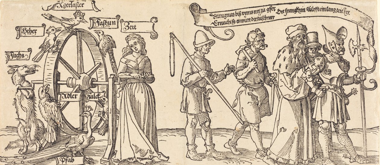 Tid och en räv som vrider lyckohjulet med människor av alla led åt höger, troligen 1526. av Albrecht Dürer