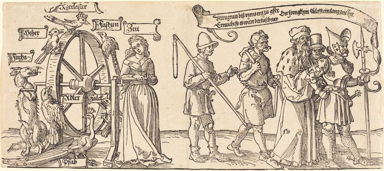 Tid och en räv som vrider lyckohjulet med människor i alla led åt höger av Albrecht Dürer