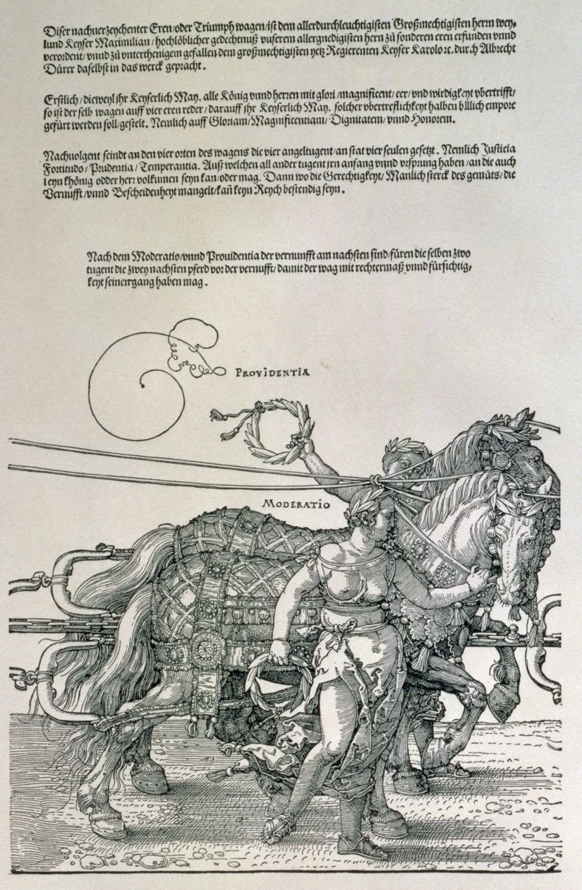 Triumfvagn av kejsar Maximilian I av Tyskland (1459-1519): detalj av hästlagen, vägledd av två dygder, Providence and Moderation, pub. c.1518 (träsnitt) av Albrecht Dürer