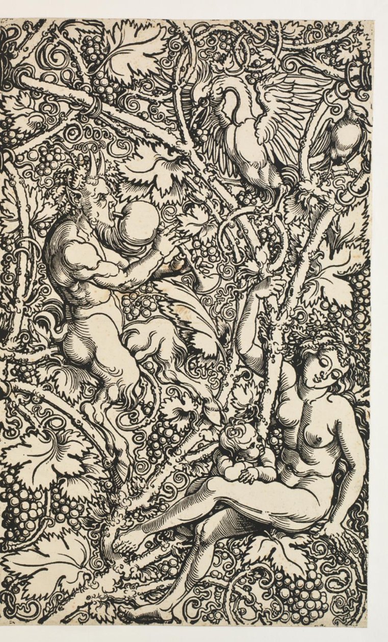 Två mönster för gobeläng med satyrfamilj av Albrecht Dürer