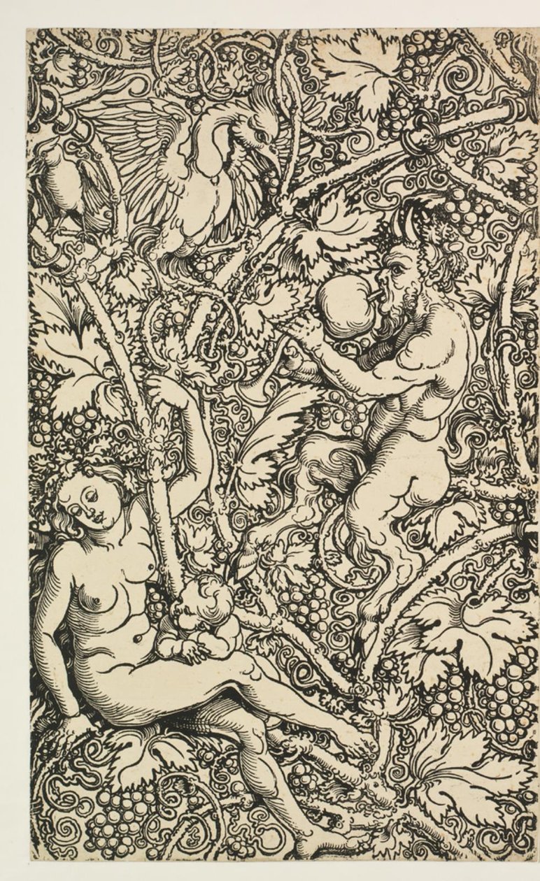 Två mönster för gobeläng med satyrfamilj av Albrecht Dürer