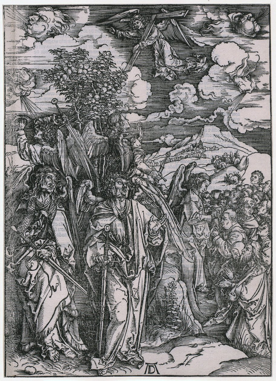 Fyra änglar som håller tillbaka vindarna / De utvaldas försegling, V:e figuren, blad 7 i serien ”Uppenbarelseboken” av Albrecht Dürer