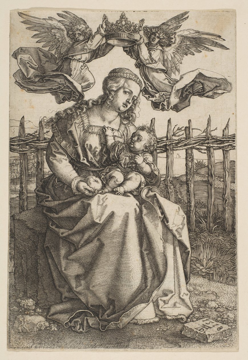 Jungfru och barn krönt av två änglar, 1518. av Albrecht Dürer