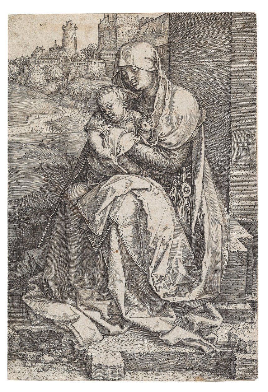 Jungfru och barn sitter vid muren, 1514. av Albrecht Dürer