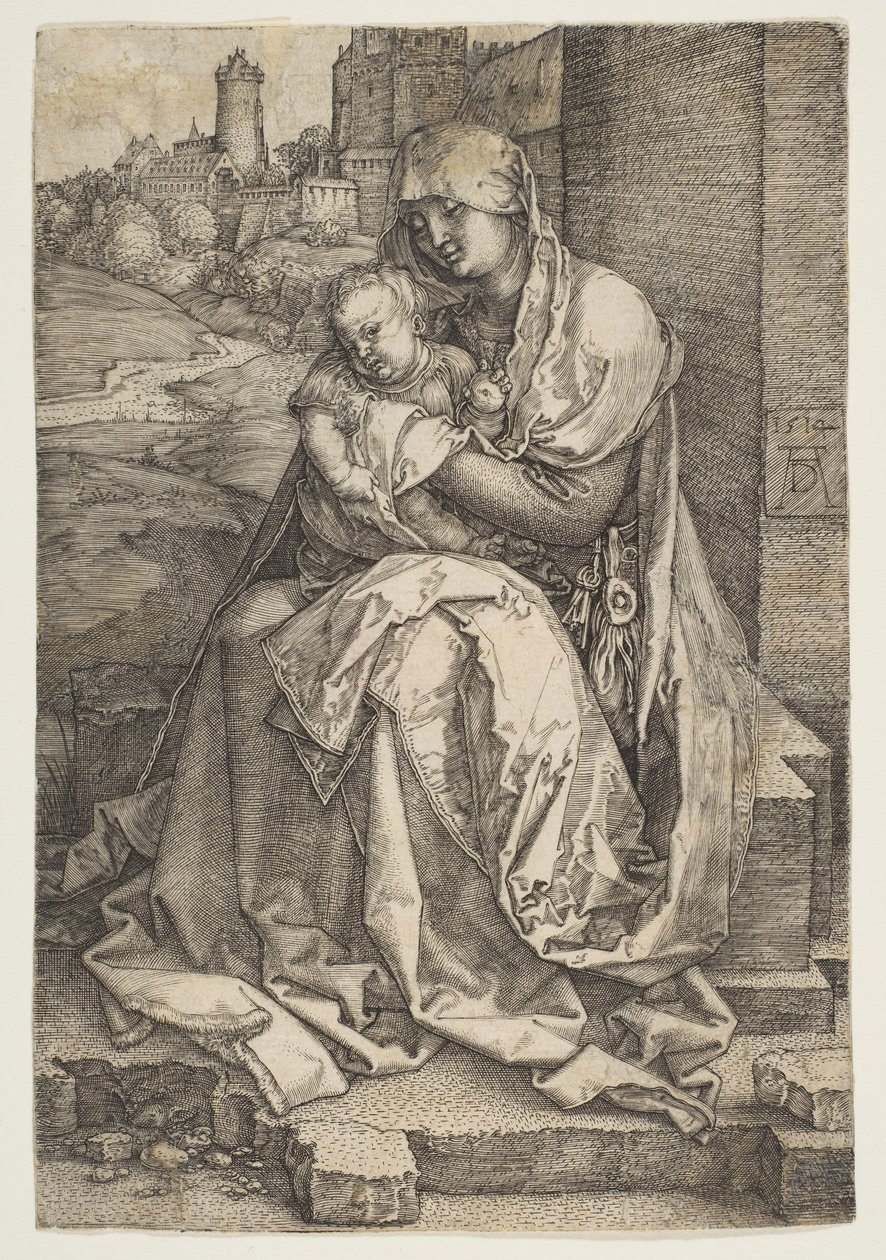 Jungfru och barn sitter vid muren, 1514. av Albrecht Dürer