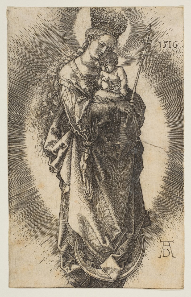 Jungfru Maria på månskäran med spira och stjärnkrona av Albrecht Dürer