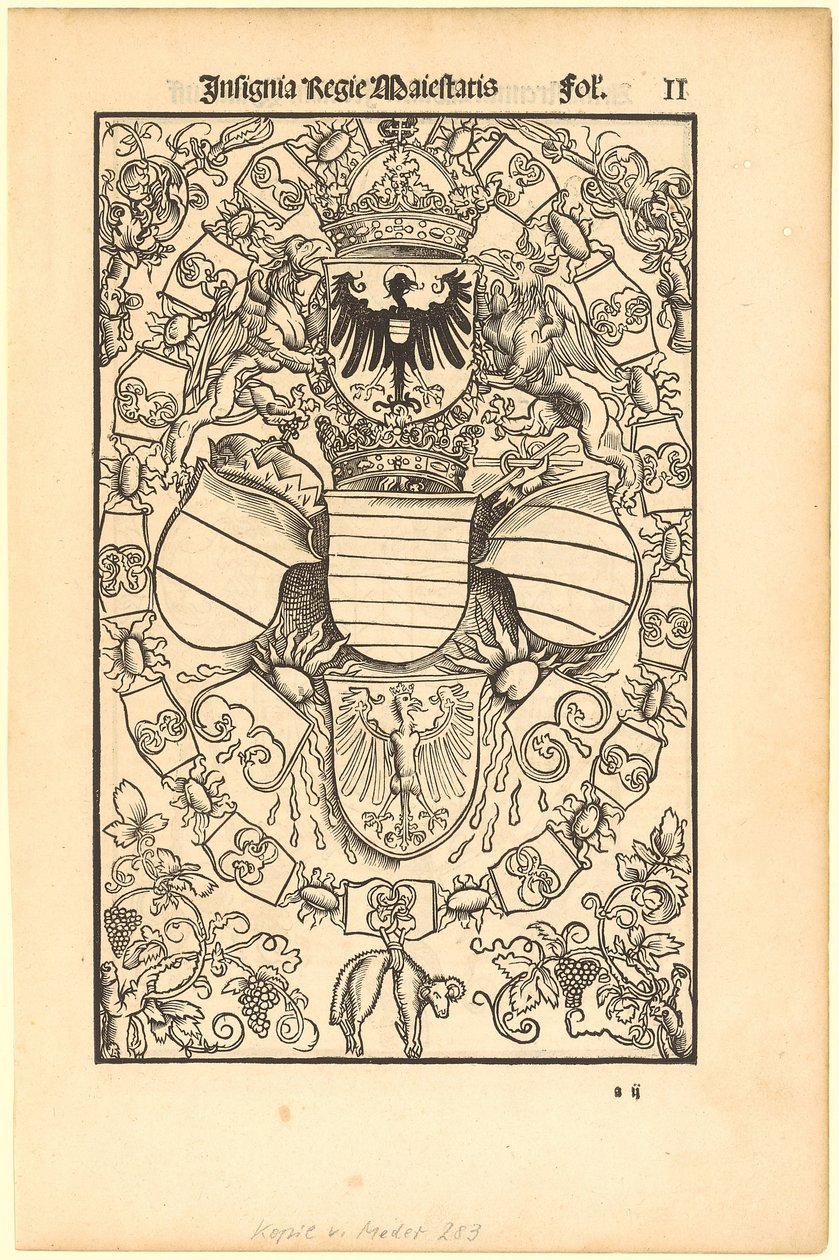 Maximilian I:s vapensköld som romersk kung [recto]; Florian Waldaufs (Waldauff) från Waldensteins vapensköld [verso] av Albrecht Dürer