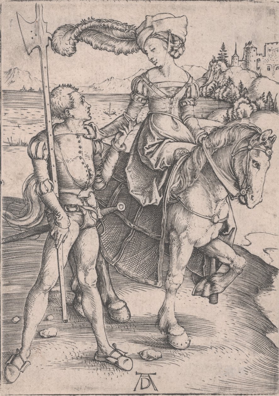 En dam till häst och ett Lansquenet av Albrecht Dürer