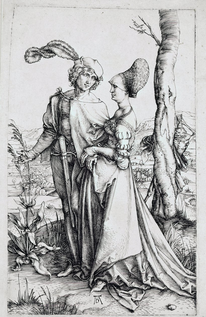 Ett par som går, bevakad av Döden gömd bakom ett träd, med ett timglas). Gravyr av Albrecht Durer (1471-1528) 1496-1498 Dim. 19x12 cm Berlin, gravyrskåp av Albrecht Dürer