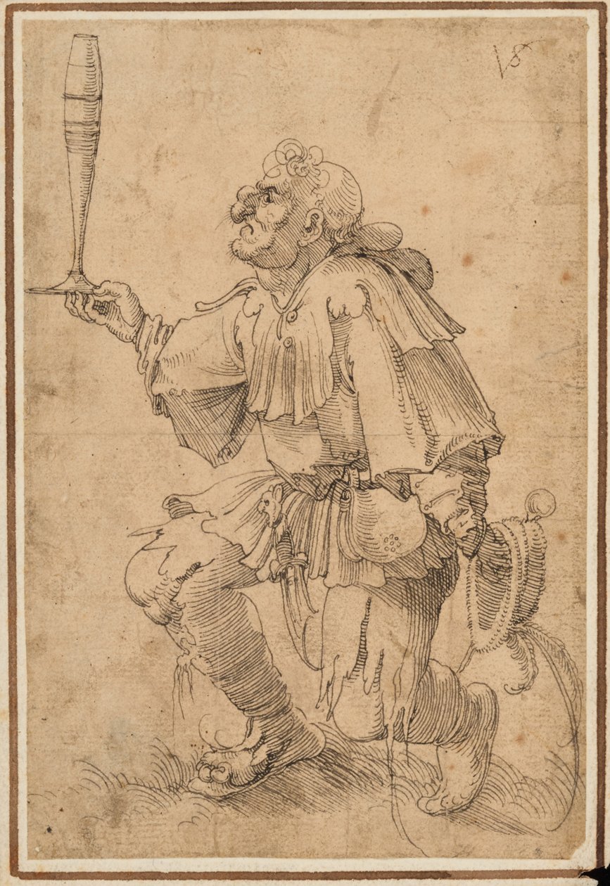 En grotesk man på knä och håller ett högt ölglas vid basen av Albrecht Dürer