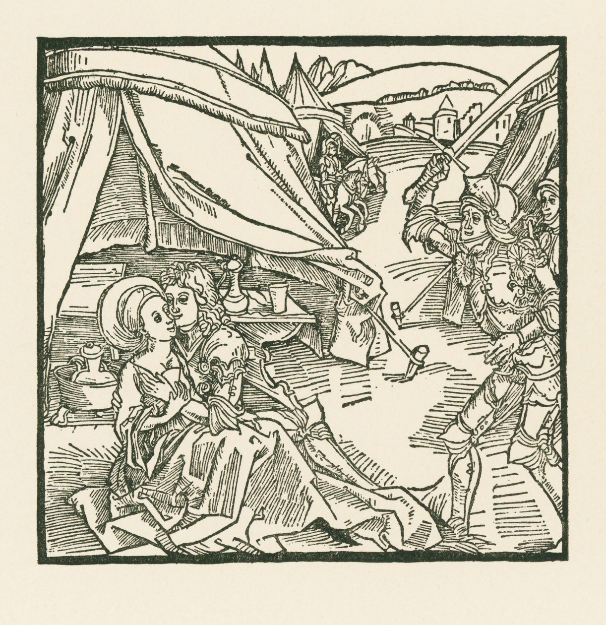 En riddare i den israelitiska armén dödar en annan riddare som han hittar med en hednisk älskarinna av Albrecht Dürer or Duerer