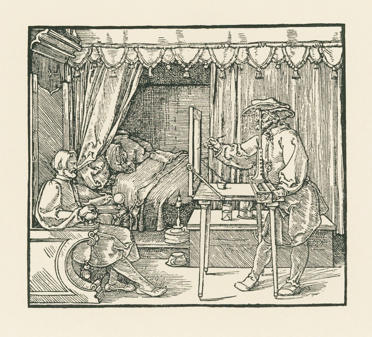 En konstnär som ritar en sittande man på en glasskiva genom en siktskiva av Albrecht Dürer or Duerer