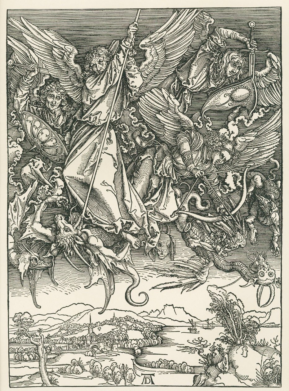 Ärkeängeln Mikael i kamp mot draken. Johannes Uppenbarelsebok, ca 1498 (träsnitt) av Albrecht Dürer or Duerer
