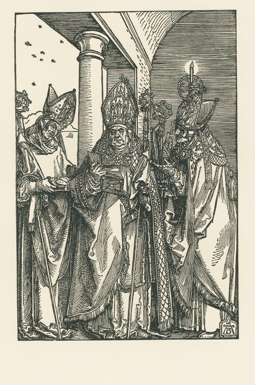 Biskopen Sankt Nicolaus, helgonen Ulrich och Erasmus, ca 1505 (träsnitt) av Albrecht Dürer or Duerer