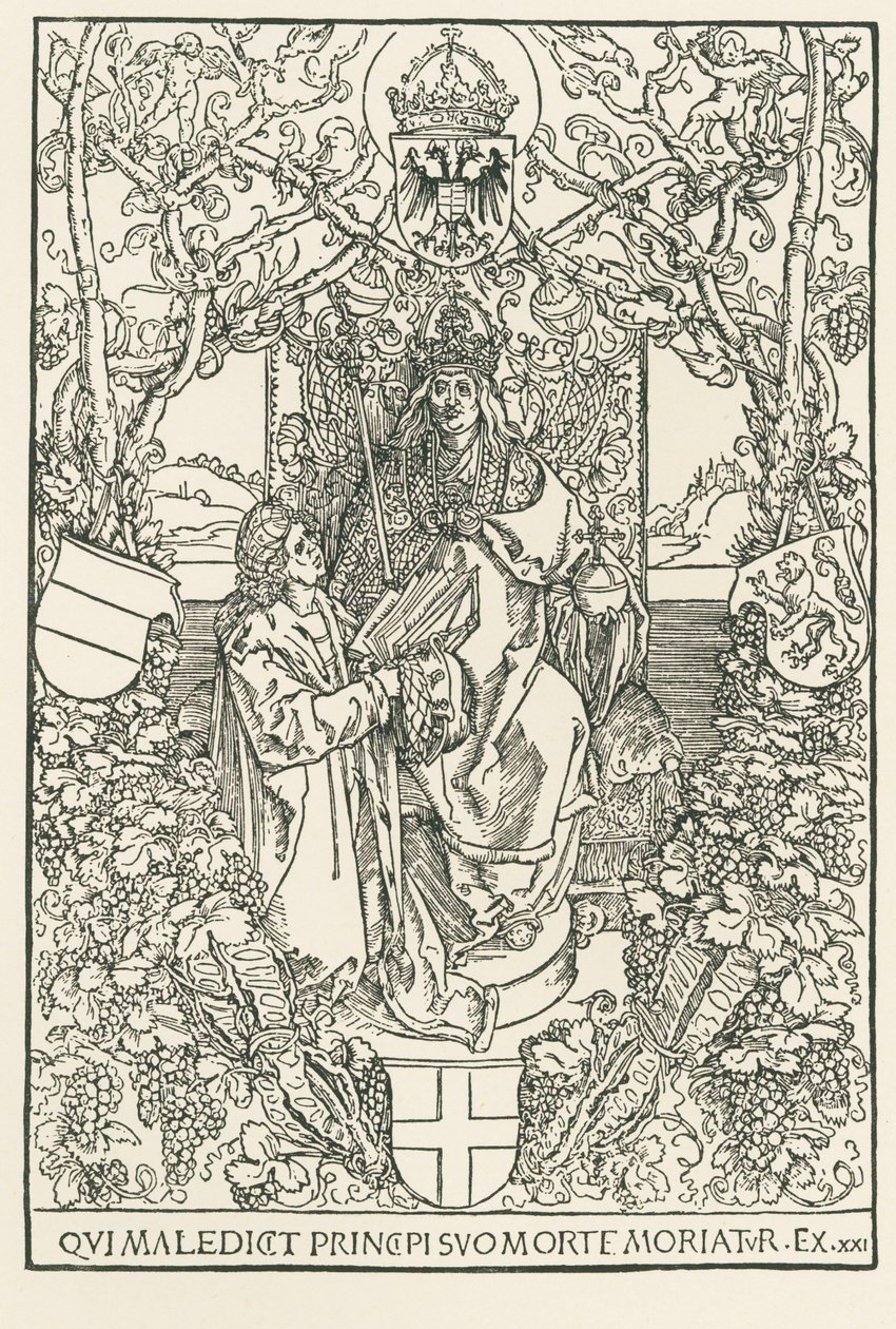 Celtes överlämnar sitt verk till kejsar Maximilian, tryckt för Sodalitas Celtica, Nürnberg av Albrecht Dürer or Duerer