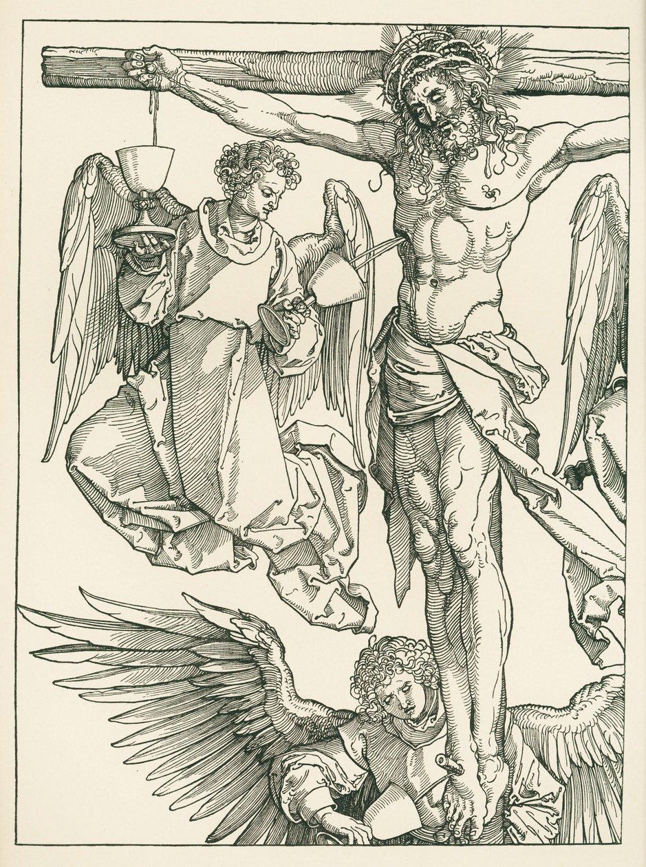 Kristus på korset med tre änglar, ca 1513-13 (träsnitt) av Albrecht Dürer or Duerer
