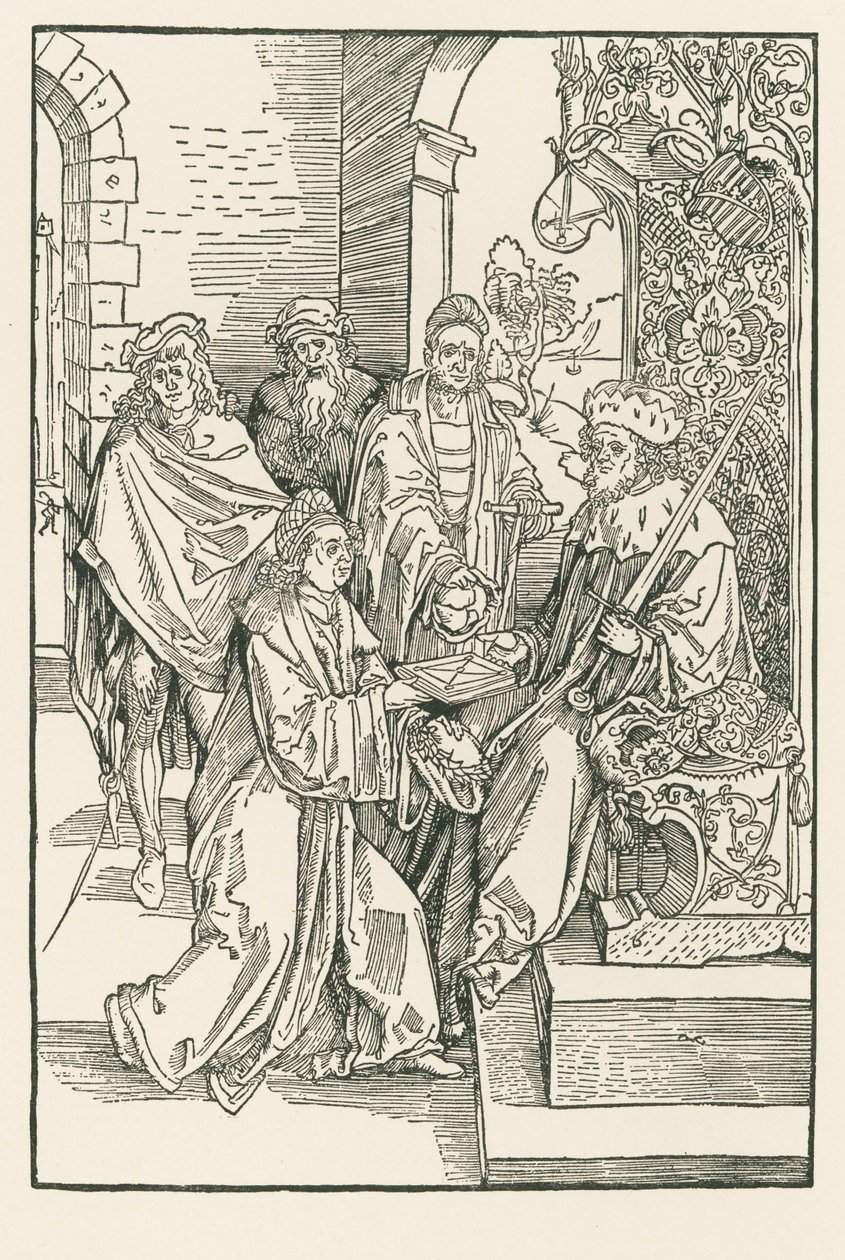 Conrad Celtes överlämnar sin utgåva av Roswithas komedier till kurfursten Fredrik av Sachsen av Albrecht Dürer or Duerer