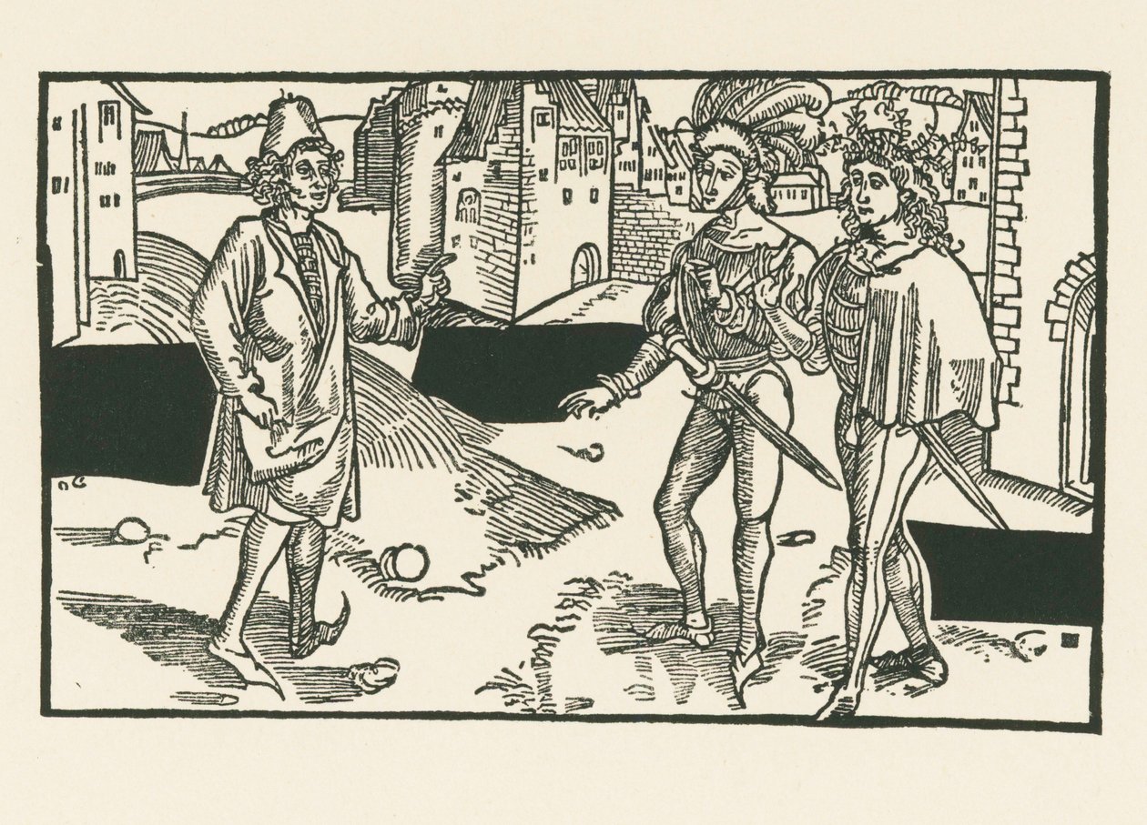 Davus, Pamphilus och Charinus, ca 1492-93 (träsnitt) av Albrecht Dürer or Duerer