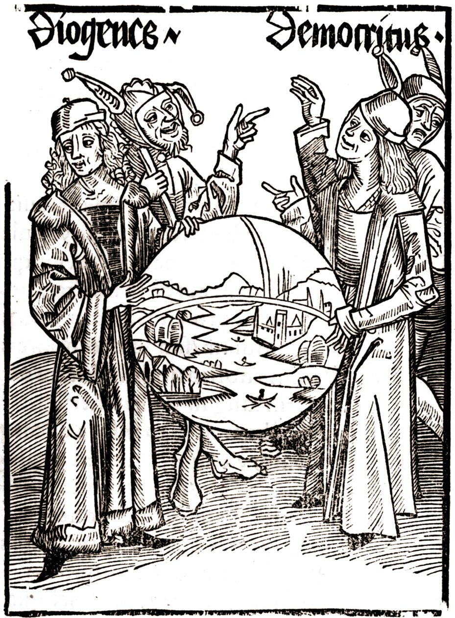 Diogenes (-413 - -327) och Demokritos (-460 - -370) - i "" Das Narrenschif (Dårarnas båt)" av Sébastien Brandt (1458 - 1521). Gravyr. av Albrecht Dürer
