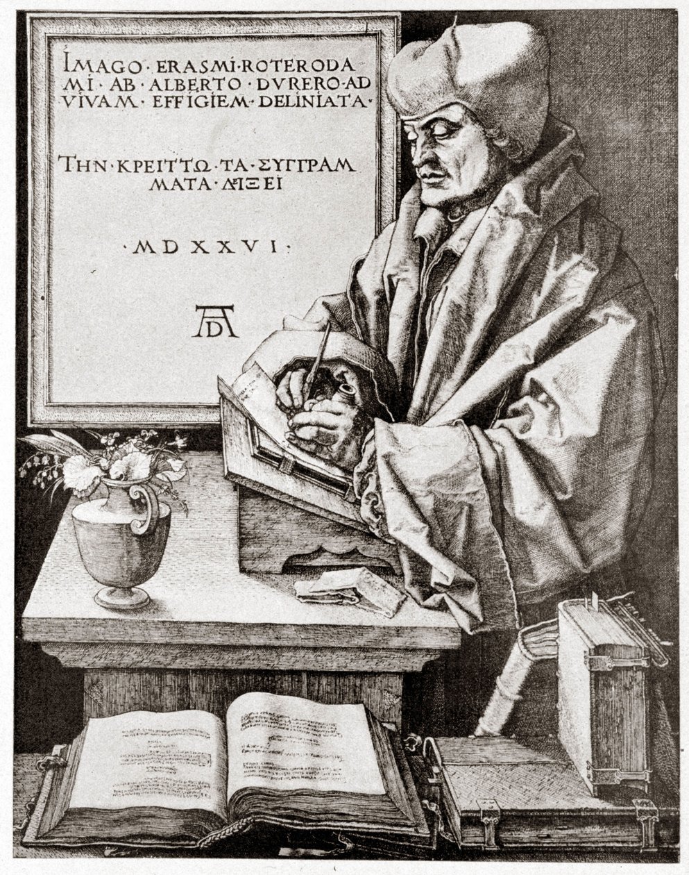 Erasmus till hans författarskap - gravyr av Albrecht Durer återgiven i början av 1900-talet. av Albrecht Dürer