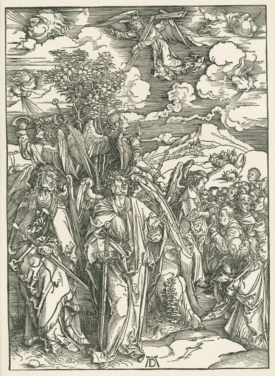 Fyra änglar som håller vindarna och de utvaldas signering. Johannes Uppenbarelsebok, ca 1497-98 (träsnitt) av Albrecht Dürer or Duerer