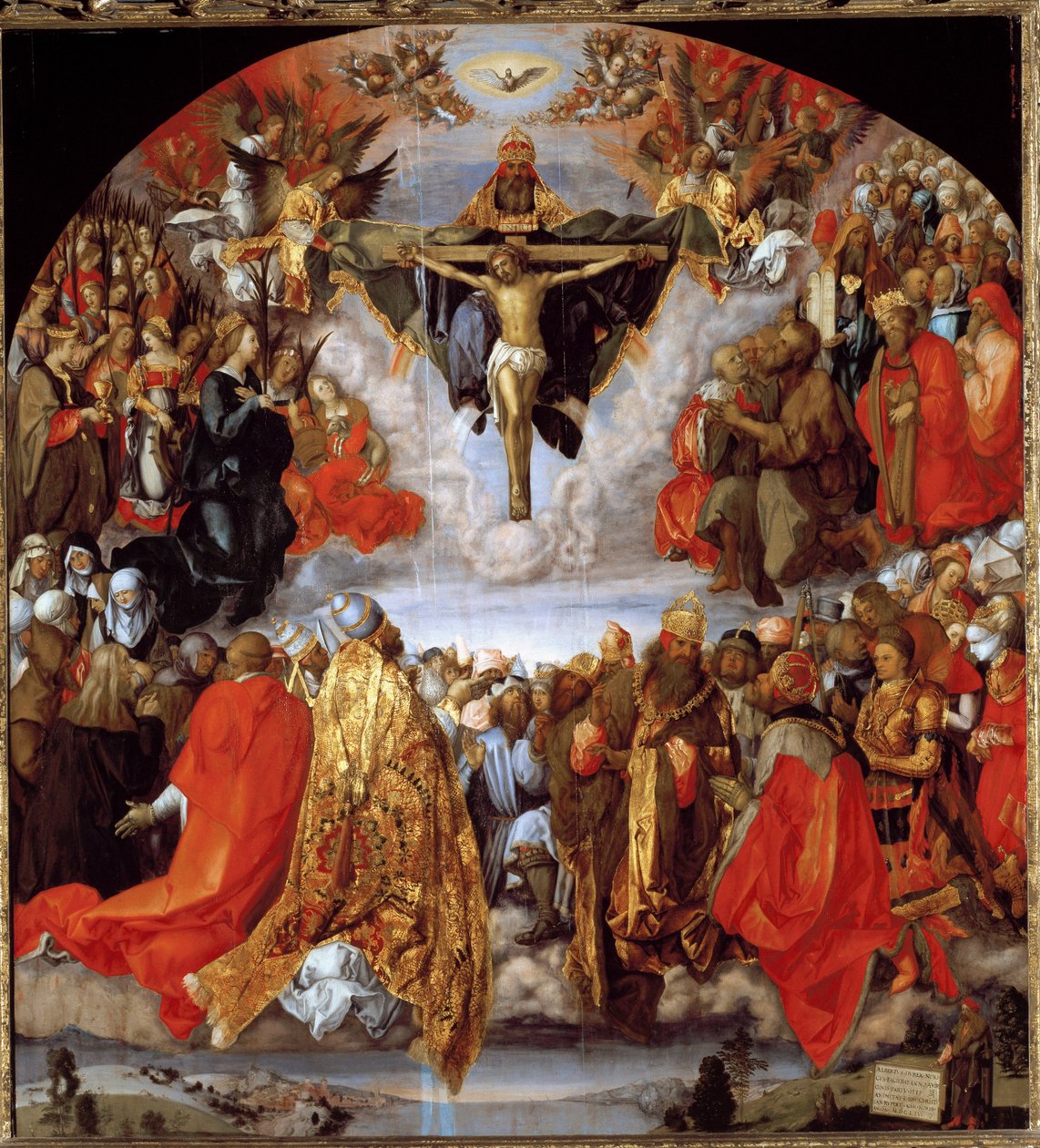 Gud, Jesus Kristus och den helige Andes duva (Alla helgons altartavla) (olja på trä av Albrecht Dürer