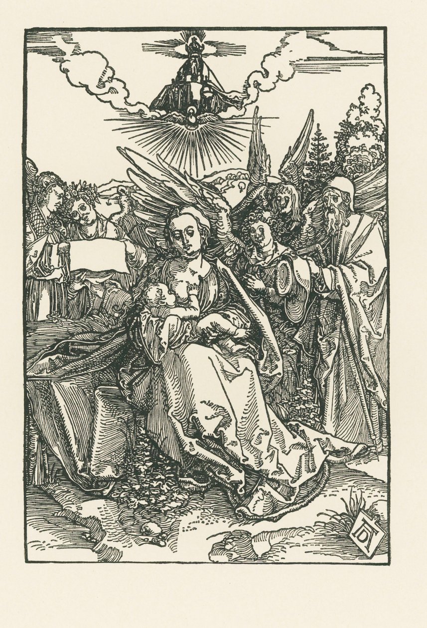 Den heliga familjen med fem änglar, ca 1503-04 (träsnitt) av Albrecht Dürer or Duerer