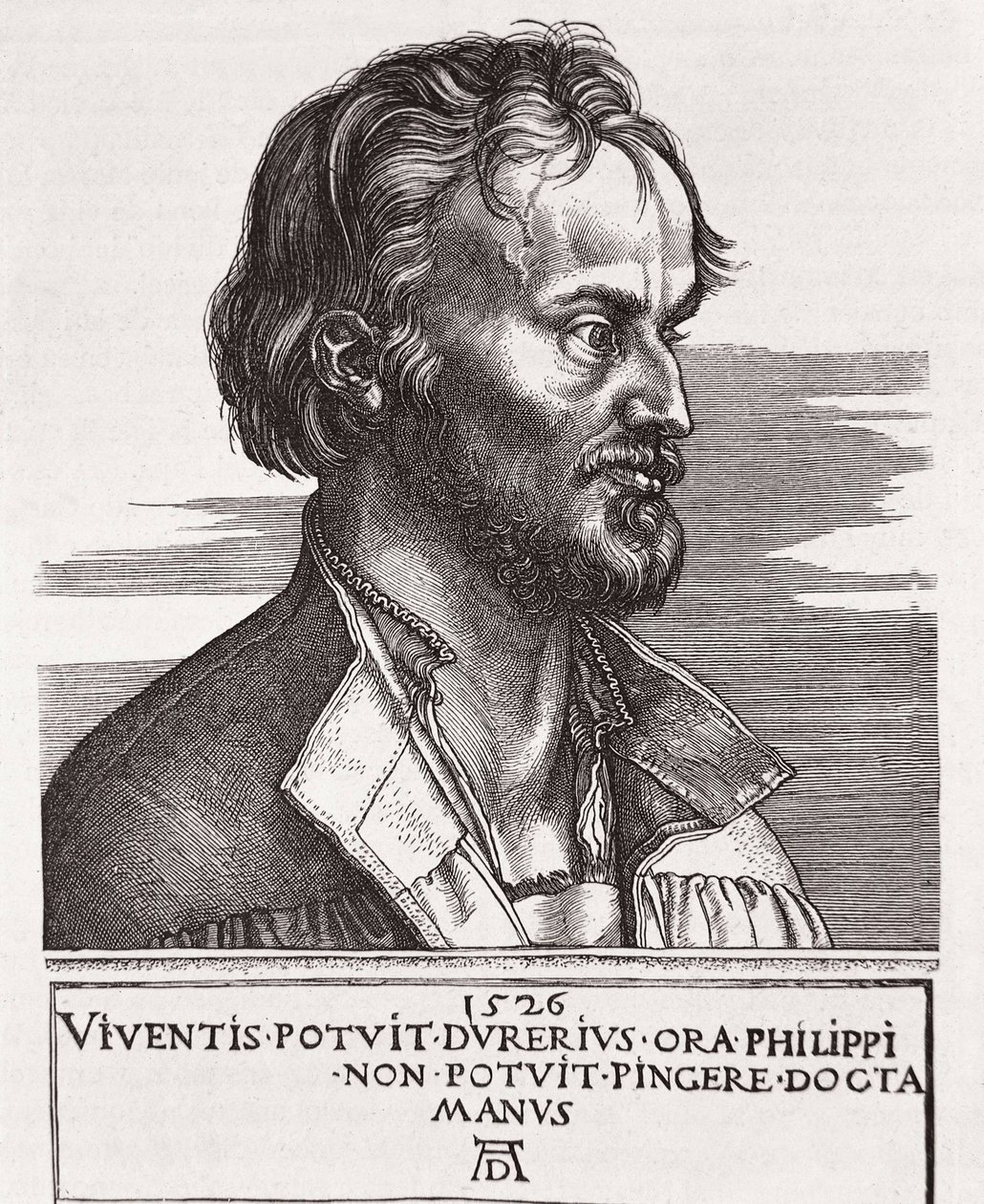 MELANCHTON, Philipp Schwarzerd, kallad (1497-1560). Teolog och Luthers medarbetare (gravyr) av Albrecht Dürer