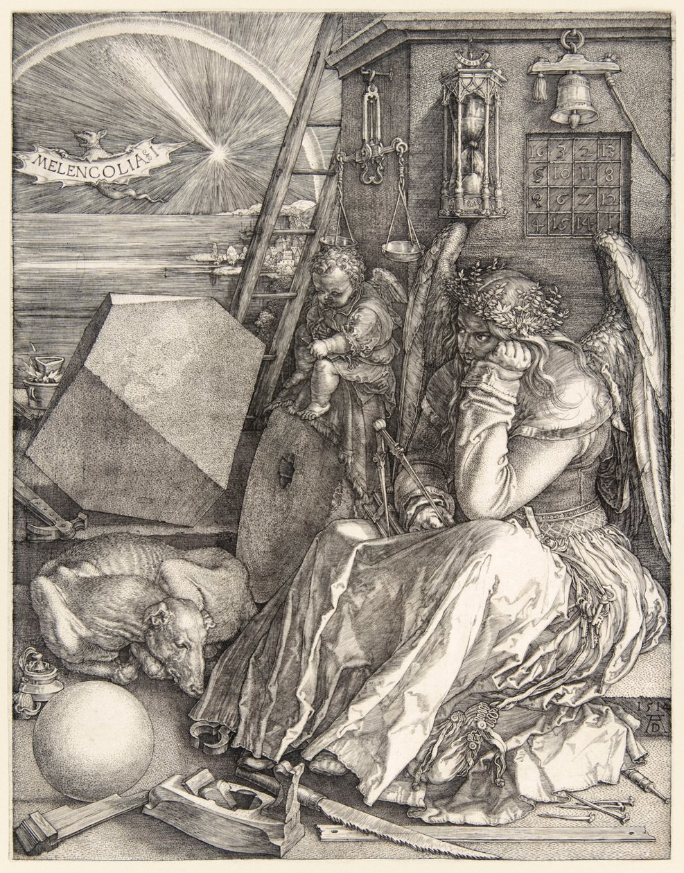 Melencolia I av Albrecht Dürer (1471-1528) en av hans 3 mästergravyrer färdigställda 1514. av Albrecht Dürer